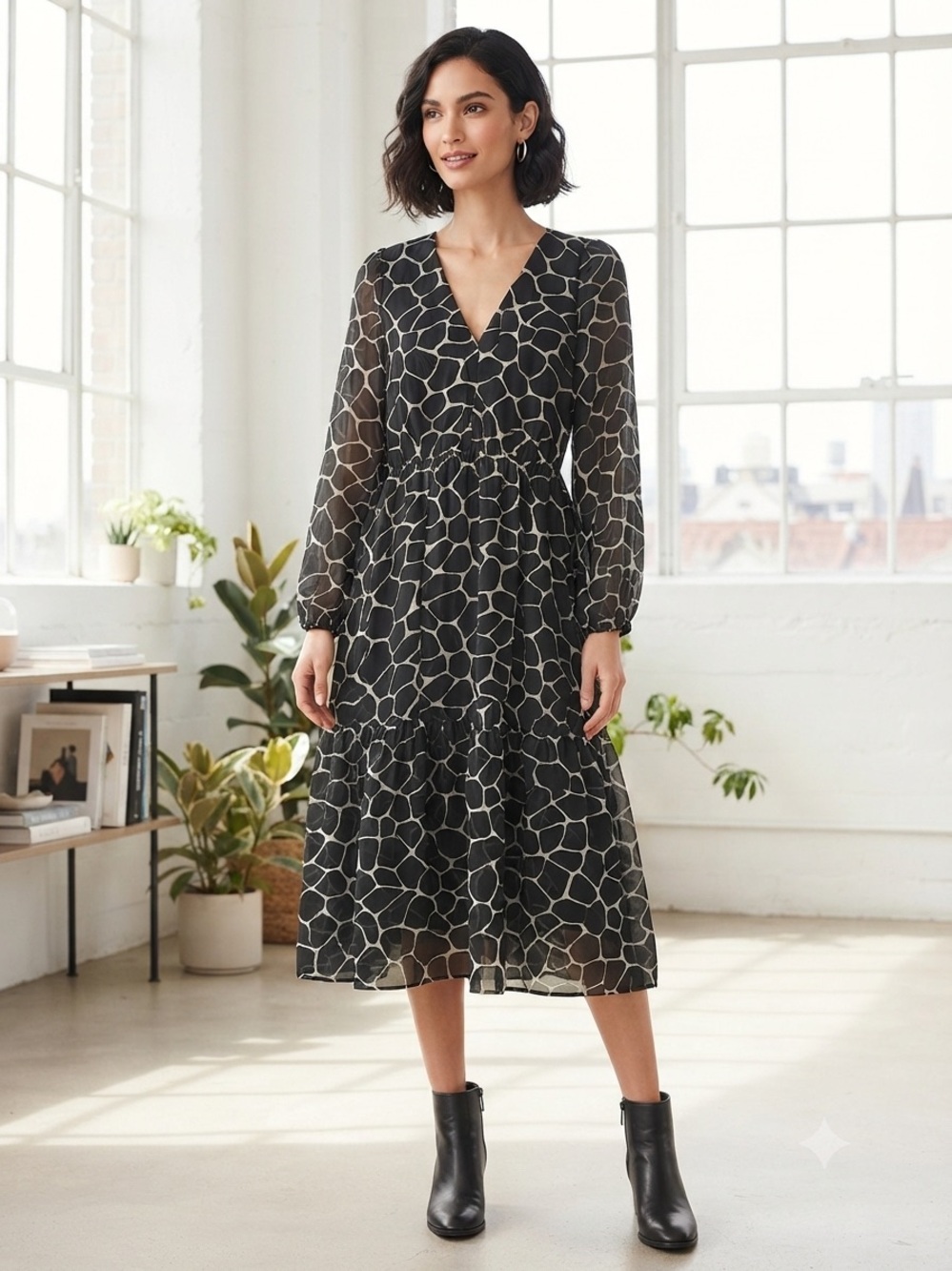 Banana Republic Black Geo-Print V-Neck Tiered Midi Dress